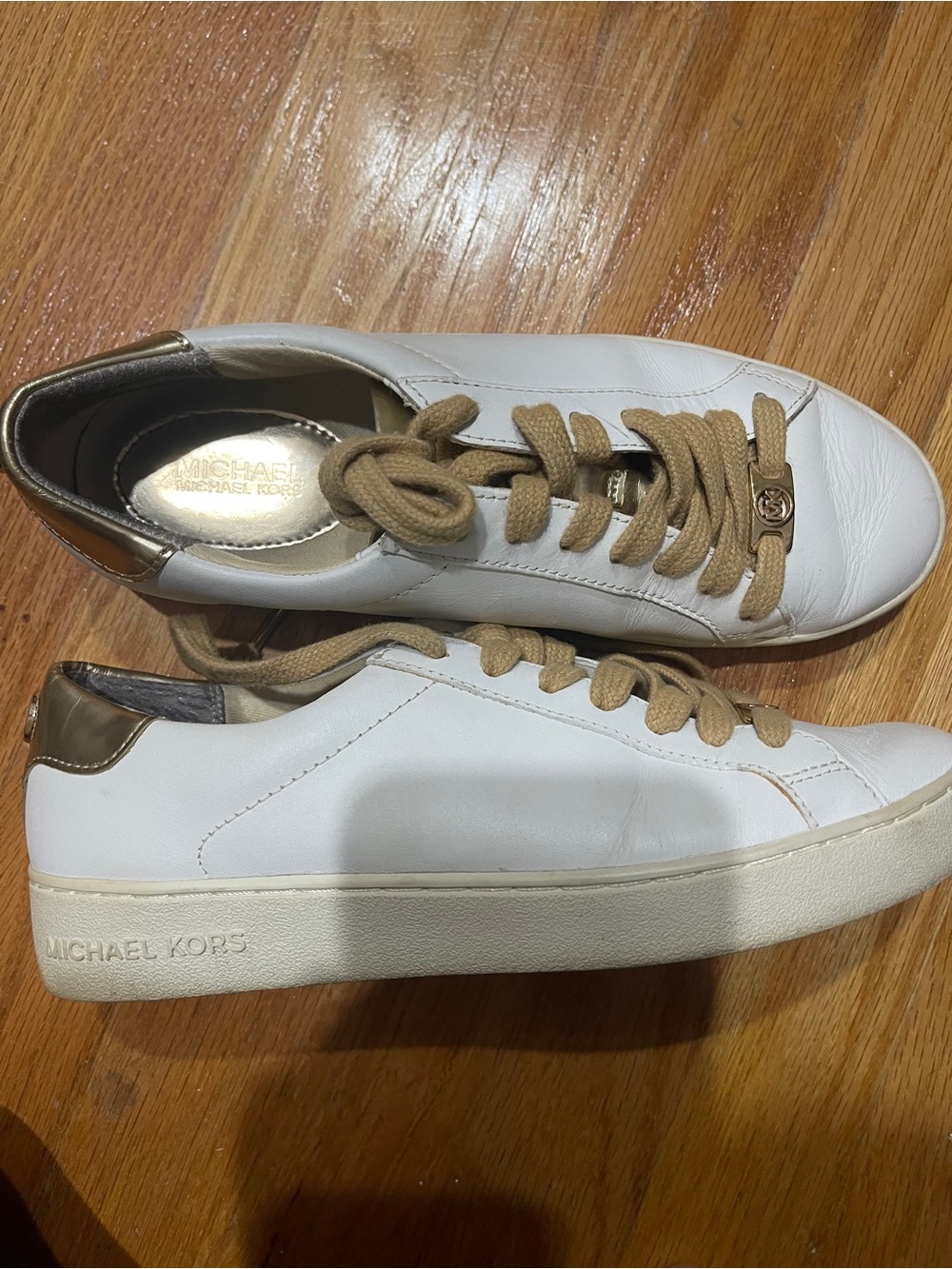 Michael Kors White Leather Sneakers with Tan Laces and Gold Heel